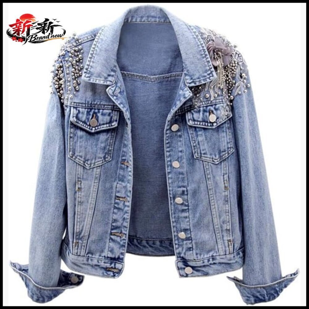 Denim Jacket Long Sleeve Western Rivet Studded Washed Pearl Short Jean Coat